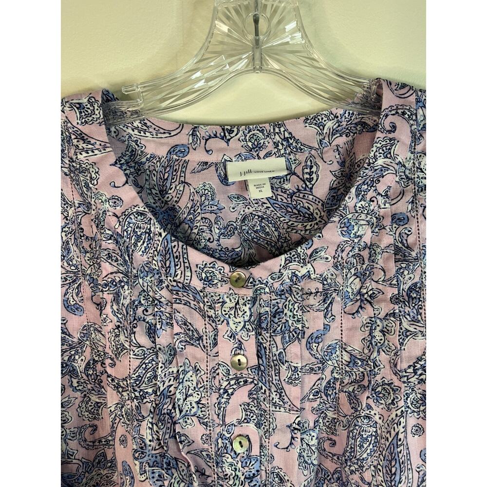 J Jill Love Linen Blouse Top XL Printed Pintucked Popover Lagenlook Coastal Boho - Picture 2 of 16